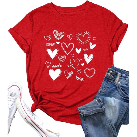Meesheep Women Red Cute Love Hearts Pull On T shirts Valentines Day Gifts Tops - Picture 1 of 6